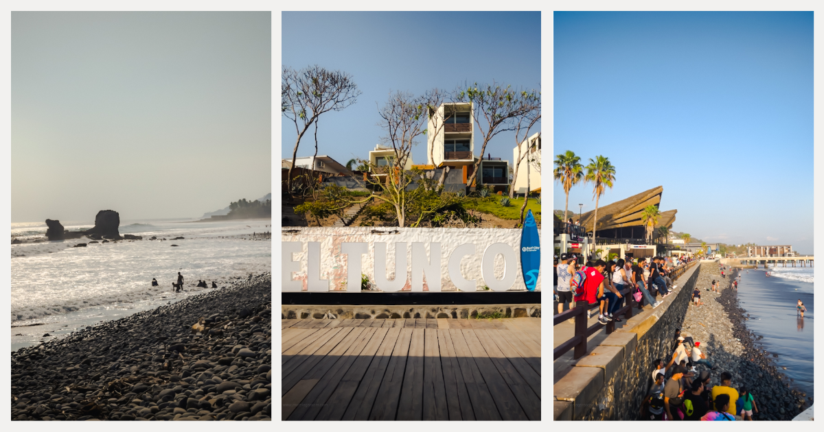 Black sand beach and surfers at Playa El Tunco in El Salvador