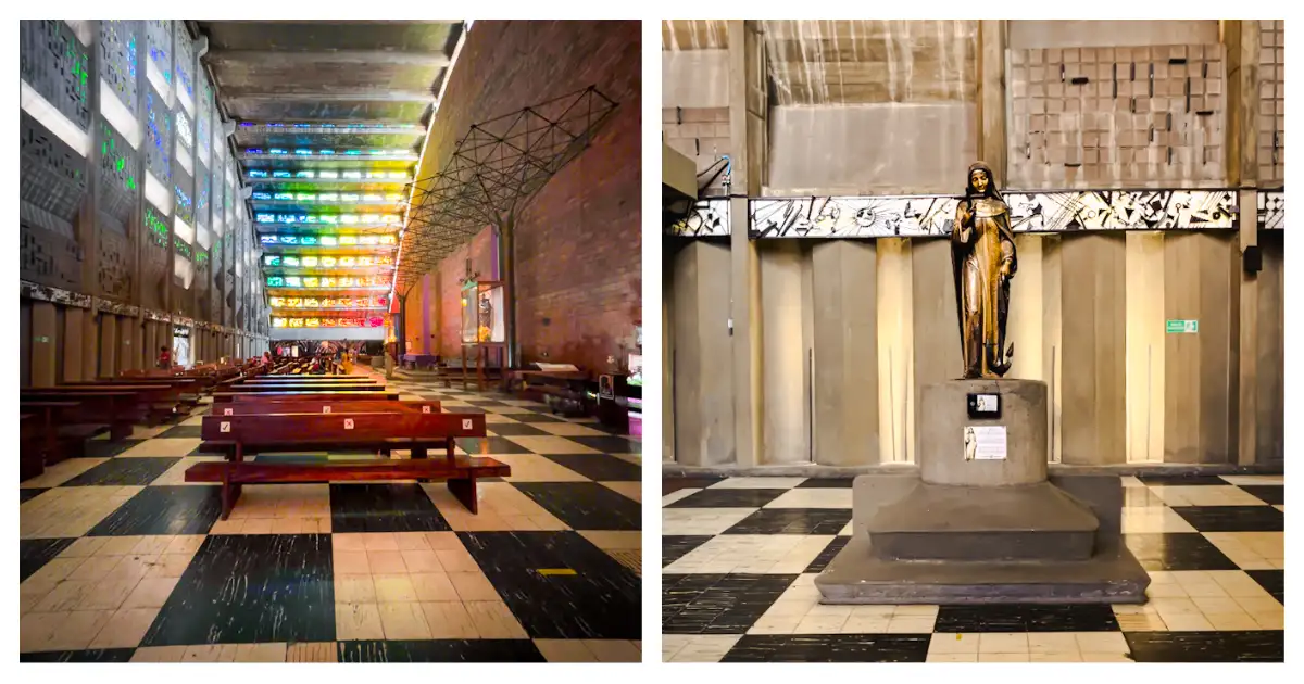 Step inside and the rainbow takes over Colorful stained glass light inside Iglesia El Rosario in San Salvador